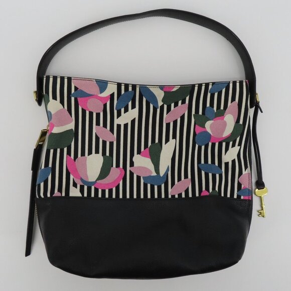 Fossil Maya Hobo Black Pebbled Leather Stripe Flower Floral Canvas Shoulder Bag - Picture 16 of 16